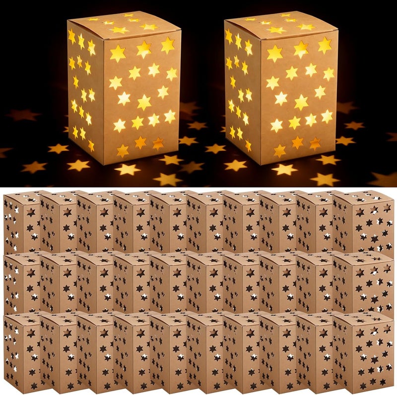 Resholder 30 Set Luminaries Boxes with Flameless Tea Lights Candle Lantern Box Fire Retardant Star Luminaries Illuminated Sets for Wedding Birthday Party Supplies Valentine's Day Decor(Hexagonal Star) - Image 1